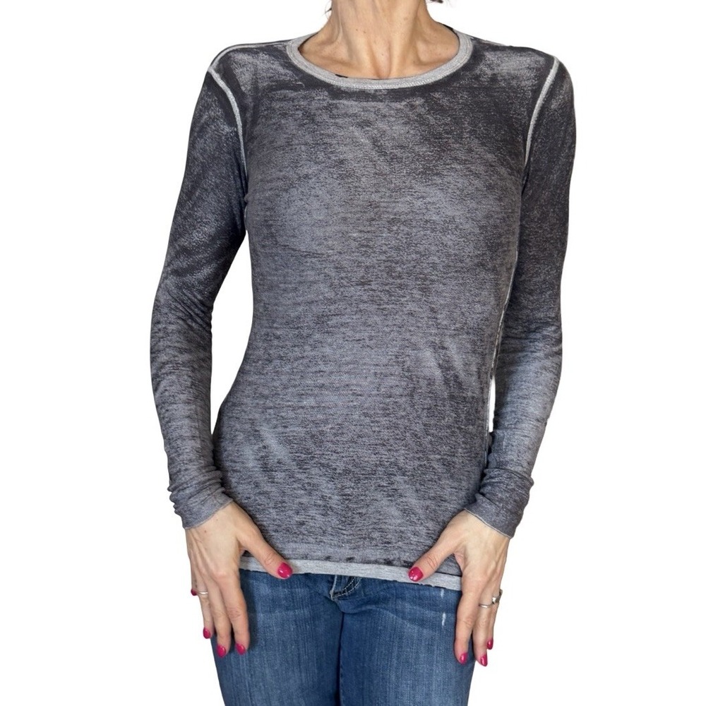 Kokun Sweater Top Crew Neck Long Sleeve Gray Overdye Cashmere Bamboo Slim Fit XS